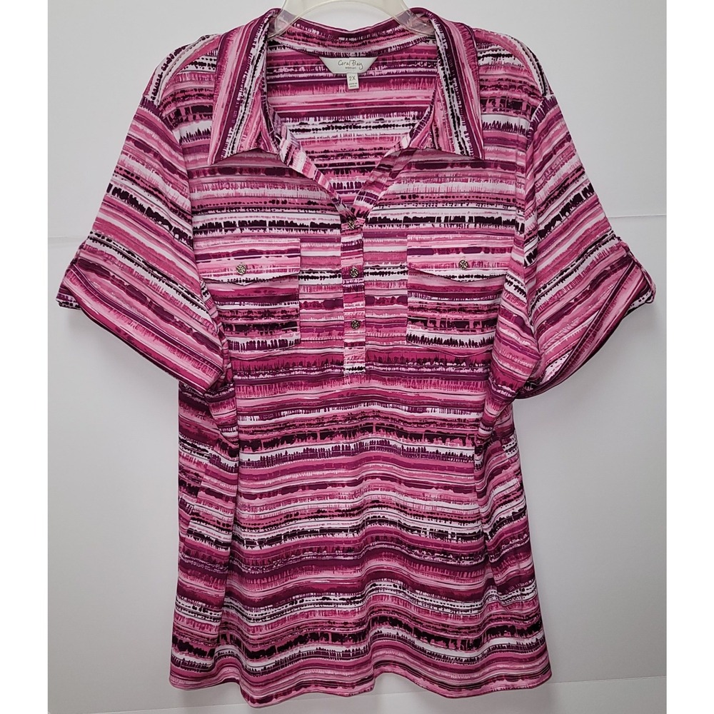Coral Bay Women's Painterly Stripe‎ Blouse 2X Short‑Sleeve Half Button‑Up Boho